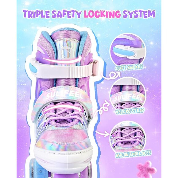 Kids Purple Rainbow Adjustable Light Up Roller Skates With Fluffy Pom Poms - Picture 3 of 9